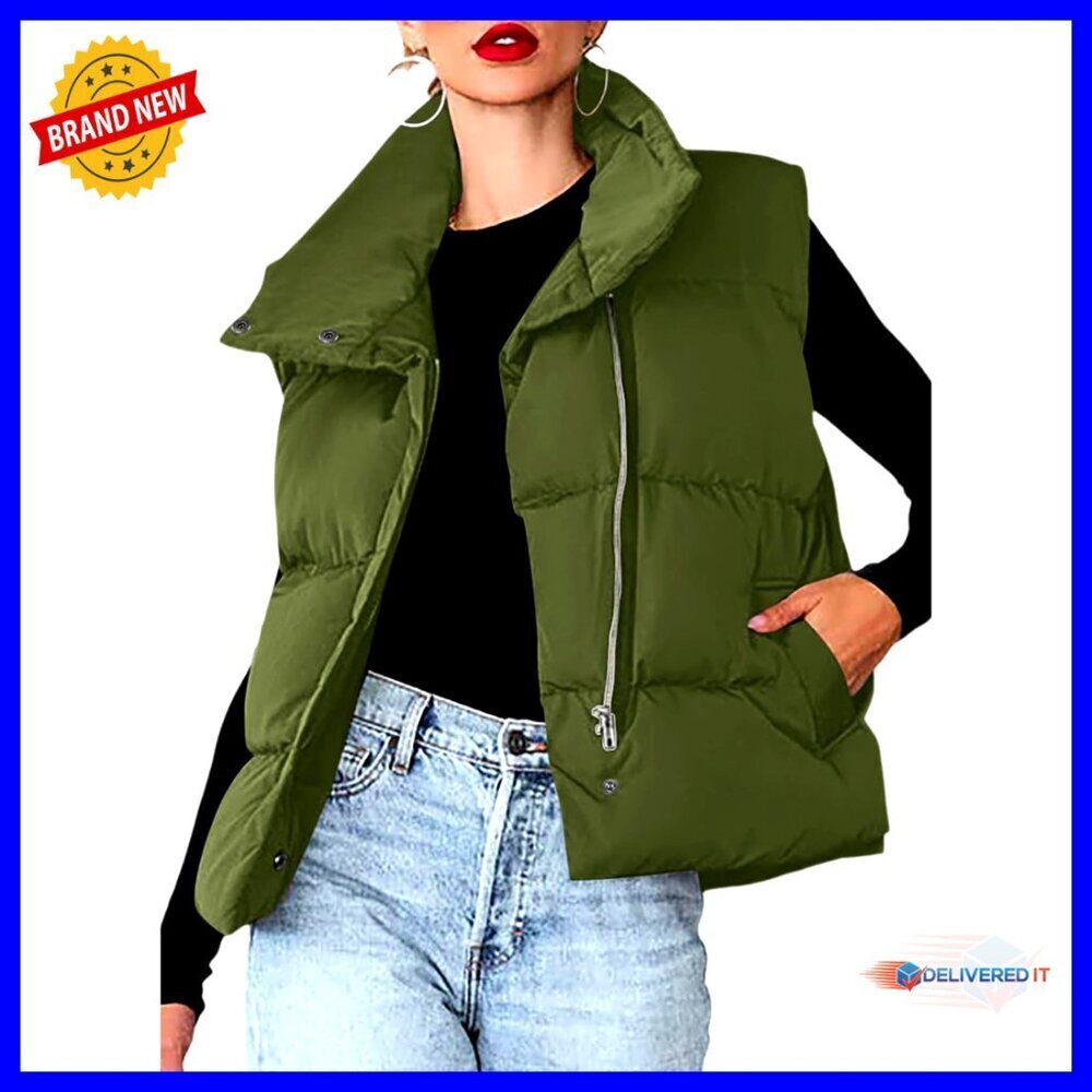 Quilted Puffer Vest Sleeveless Cropped Outerwear Lightweight Stand Collar